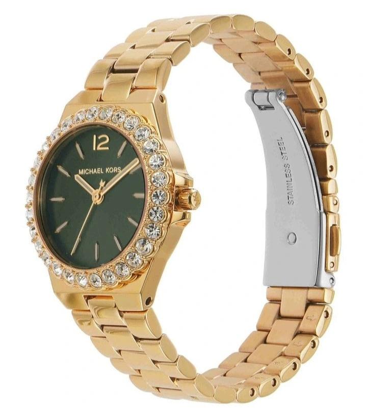 Michael Kors Lennox Quartz Green Dial Gold Steel Strap Watch For Women - MK7395