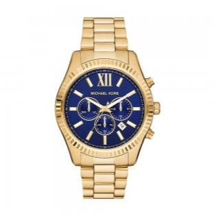 Michael Kors Lexington Chronograph Blue Dial Gold Steel Strap Watch for Men - MK9153