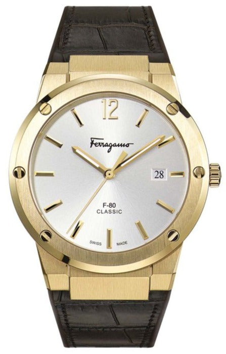 Salvatore Ferragamo F-80 Classic Silver Dial Brown Leather Strap Watch