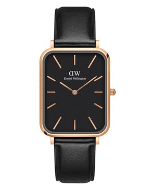 Daniel Wellington Quadro Black Dial Black Leather Strap Watch For Women  - DW00100449