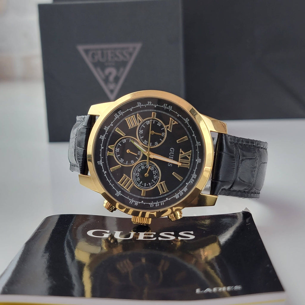 Guess Horizon Chronograph Quartz Black Dial Black Leather Strap Watch For Men - W0380G7