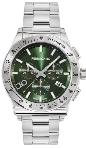 Salvatore Ferragamo 1927 Chrono Green Dial Silver Steel Strap Watch for Men - SFKZ00423