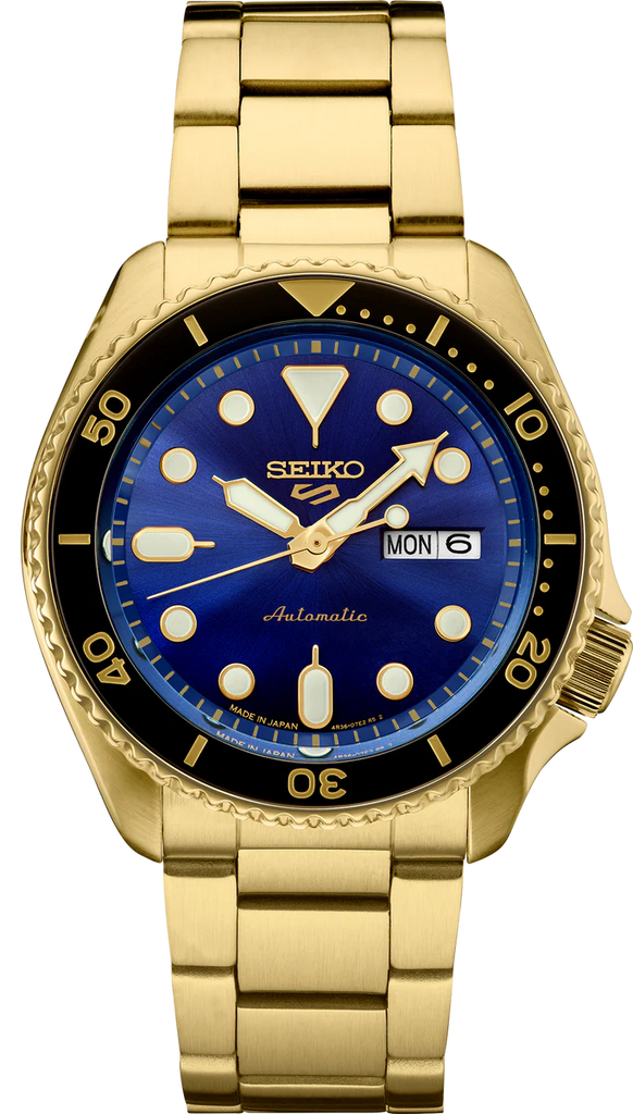 Seiko 5 Sports US Special Edition Automatic Blue Dial Gold Steel Strap Watch For Men - SRPK20
