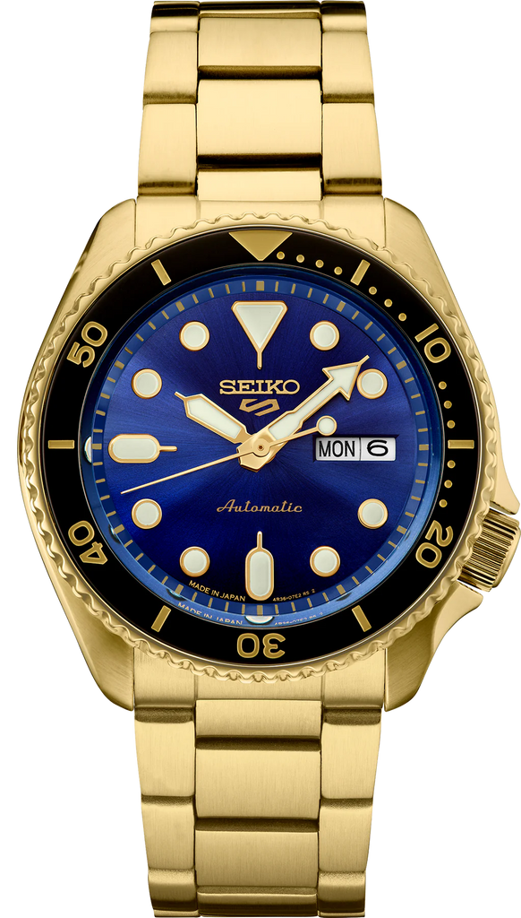 Seiko 5 Sports US Special Edition Automatic Blue Dial Gold Steel Strap Watch For Men - SRPK20