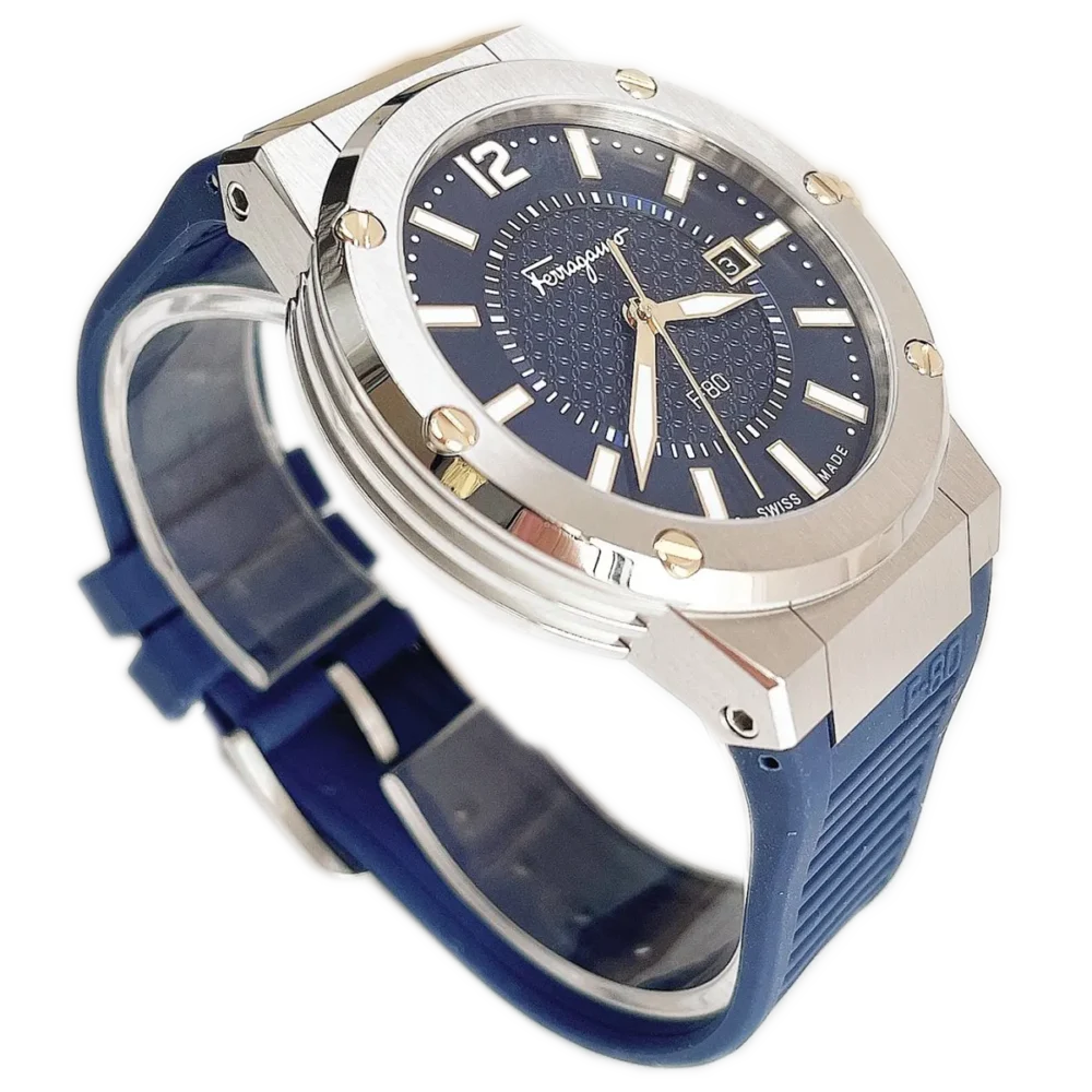 Salvatore Ferragamo F-80 Blue Dial Blue Rubber Strap Watch For Men - SFHY01022