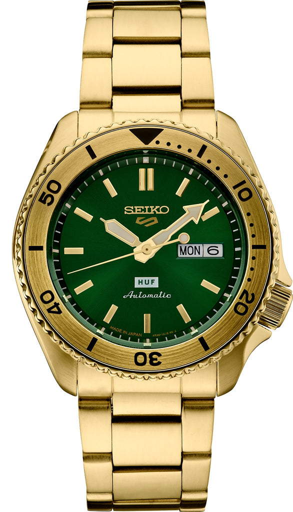 Seiko 5 Sports HUF Limited Edition Green Dial Gold Steel Strap Watch For Men - SRPJ20