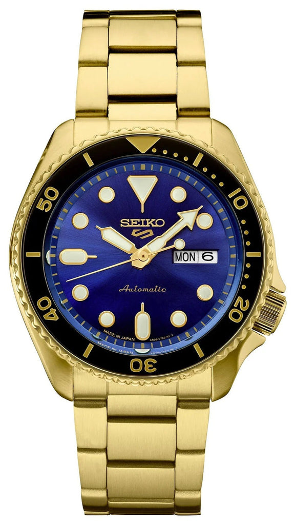 Seiko 5 Sports US Special Edition Automatic Blue Dial Gold Steel Strap Watch For Men - SRPK20