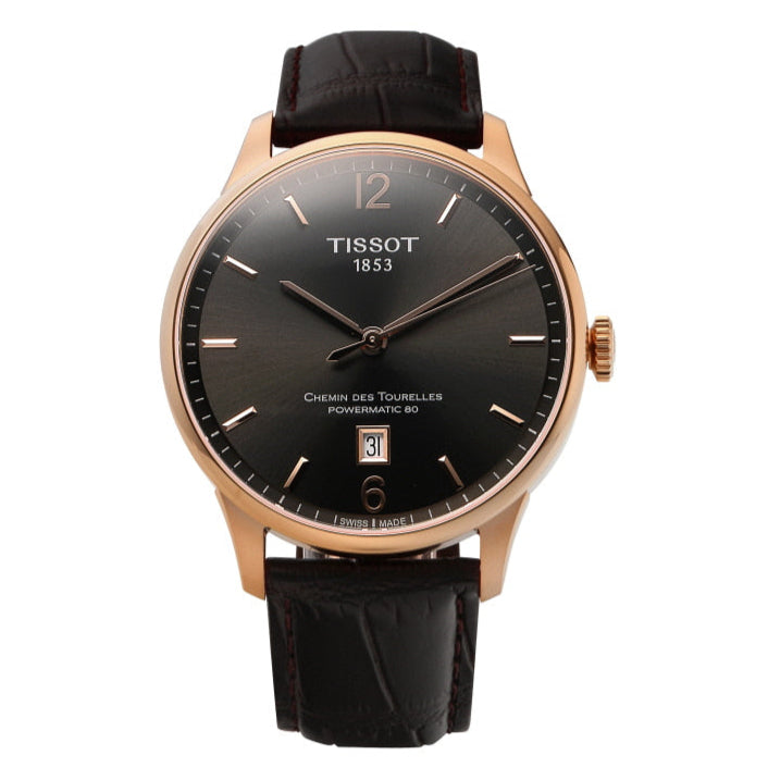 Tissot T Classic Chemin Des Tourelles Powermatic 80 Brown Dial Brown Leather Strap Watch for Men - T099.407.36.447.00