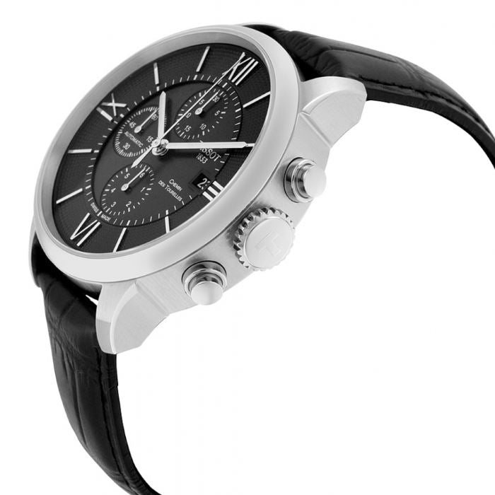 Tissot T Classic Chemin Des Tourelles Chronograph Black Dial Black Leather Strap Watch For Men - T099.427.16.058.00