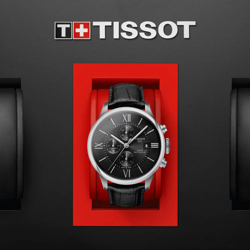 Tissot T Classic Chemin Des Tourelles Chronograph Black Dial Black Leather Strap Watch For Men - T099.427.16.058.00