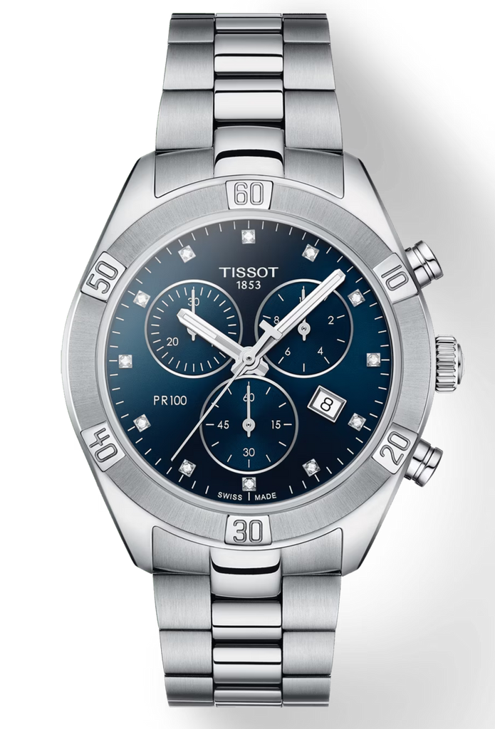Tissot PR 100 Sport Chic Chronograph Diamonds Blue Dial Silver Steel Strap Watch for Women - T101.917.11.046.00
