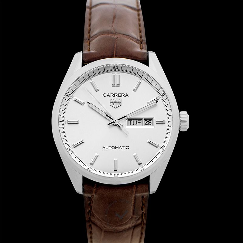 Tag Heuer Carrera Day Date Silver Dial Brown Leather Strap Watch for Men - WBN2011.FC6484