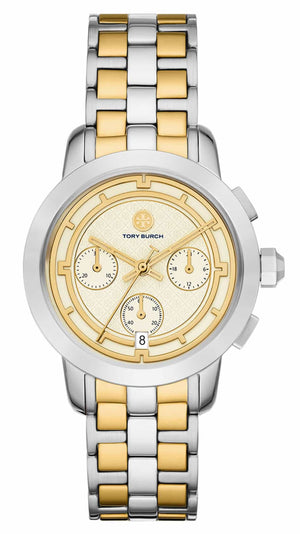 Tory Burch The Tory Chronograph White Dial Two Tone Steel Strap Watch for Women - TBW1052