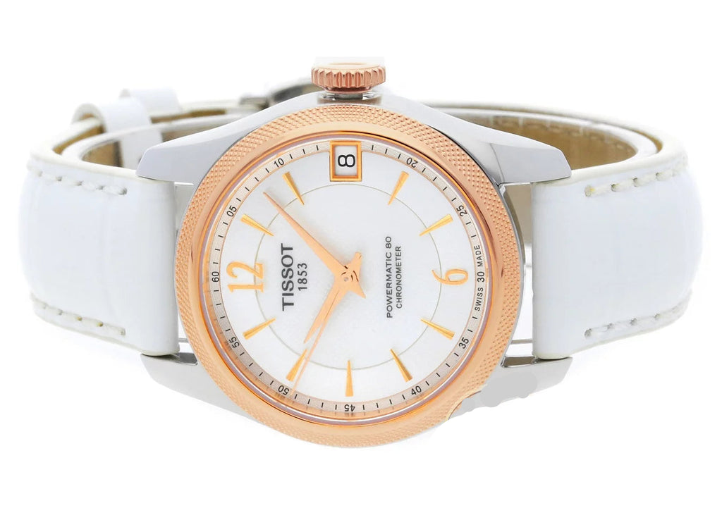 Tissot T-Classic Powermatic 80 Mother of Pearl Silver Dial White Leather Strap Watch For Women - T108.208.26.117.00