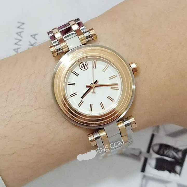 Tory Burch Classic T White Dial Two Tone Steel Strap Watch for Women - TBW9011