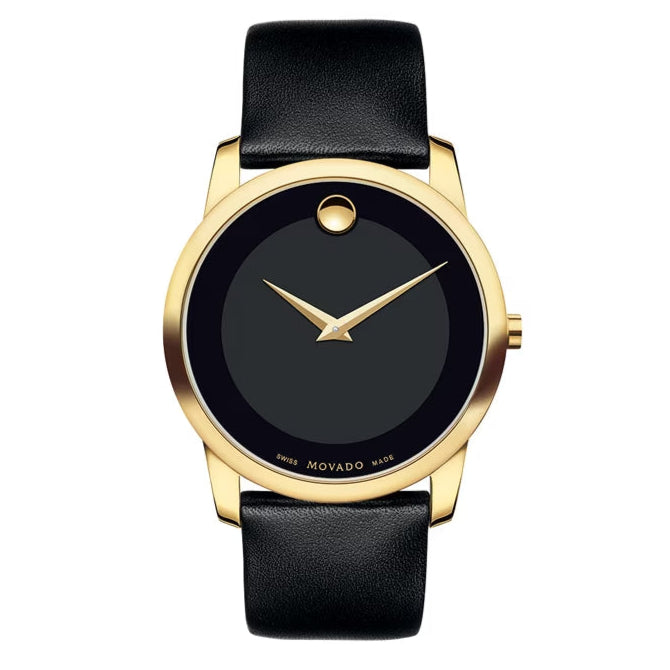 Movado Museum Black Dial Black Leather Strap Watch For Men - 606876
