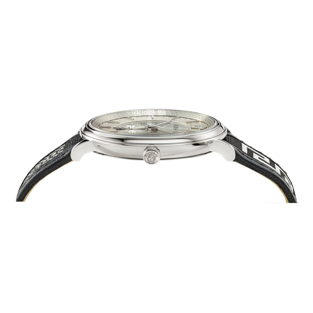 Versace V-Circle Silver Dial Black Leather Strap Watch for Men - VEBQ01219