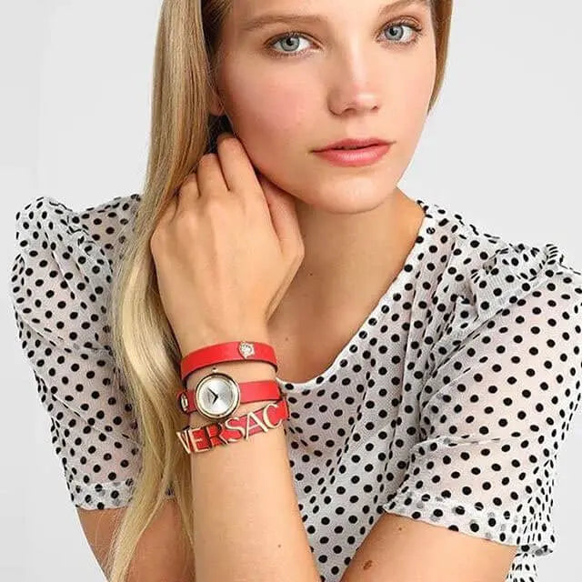 Versace V-Flare Quartz Silver Dial Red Leather Strap Watch for Women - VEBN00418