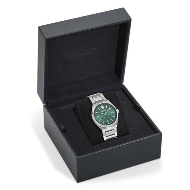 Versace V-Auria Quartz Green Dial Silver Steel Strap Watch for Men - VE0F00125