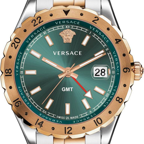 Versace Hellenyium GMT Green Dial Two Tone Steel Strap Watch for Men - V11050015
