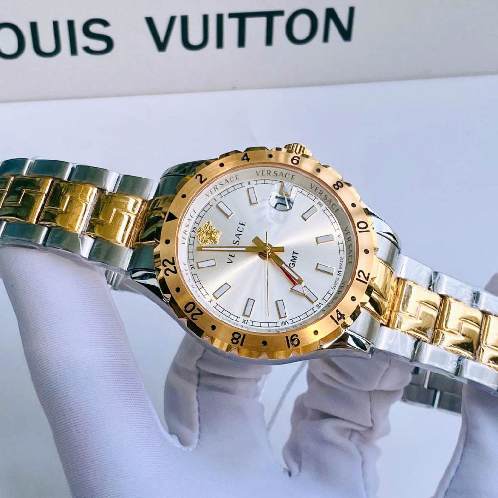 Versace Hellenyium GMT Silver Dial Two Tone Steel Strap Watch for Men - V11030015