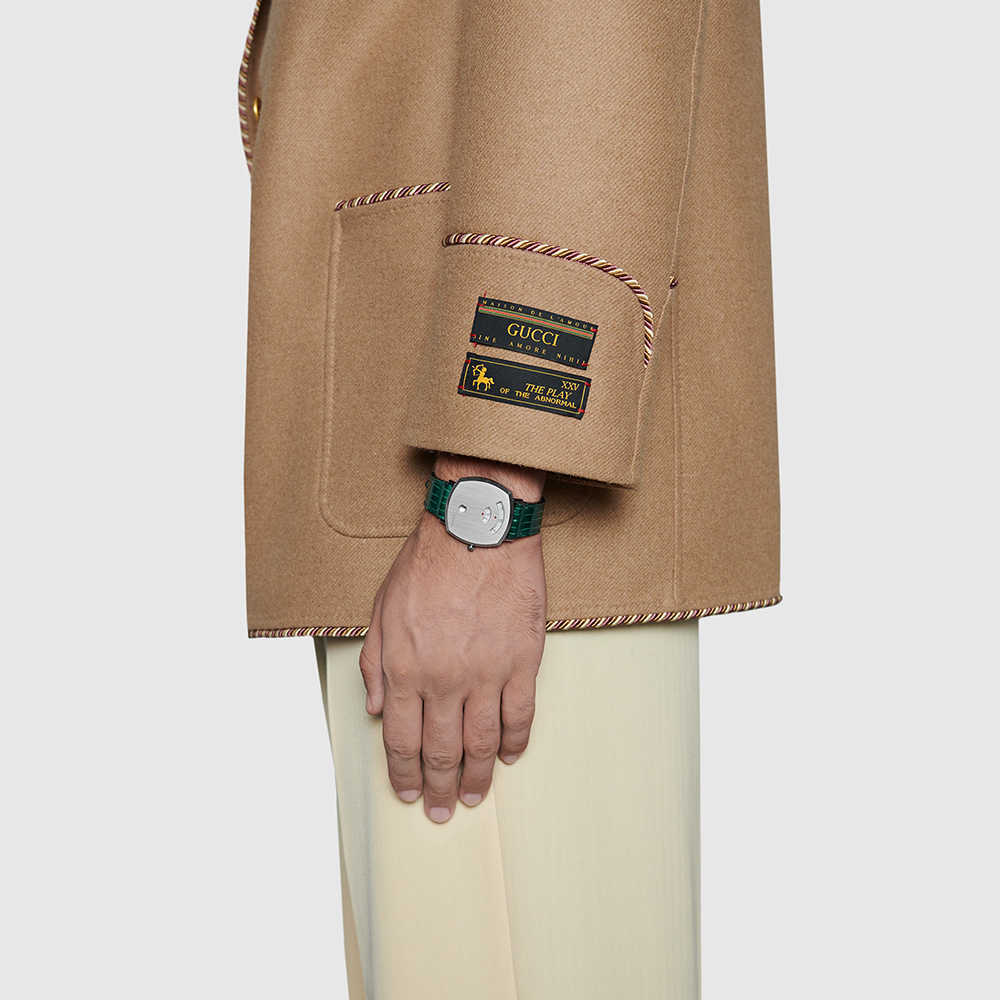 Gucci Grip Quartz Silver Dial Green Leather Strap Watch For Women - YA157404