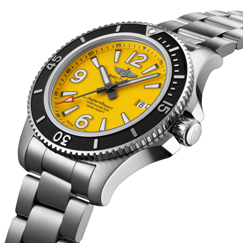 Breitling Superocean Automatic 44mm Yellow Dial Silver Steel Strap Watch for Men - A17375211/1A1