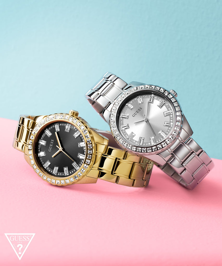 Guess Sparkler Diamonds Black Dial Gold Steel Strap Watch for Women - GW0111L2