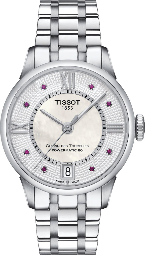 Tissot Chemin Des Tourelles Powermatic 80 Rubies Mother of Pearl Dial Silver Steel Strap Watch For Women - T099.207.11.113.00