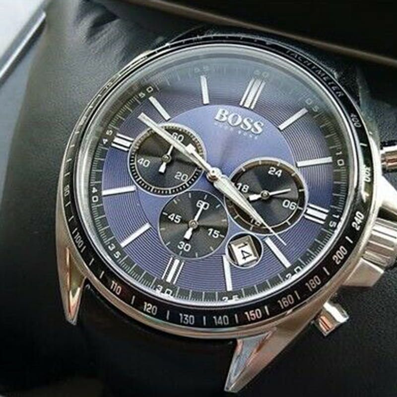 Hugo Boss Driver Sport Chronograph Blue Dial Black Leather Strap Watch for Men - 1513077