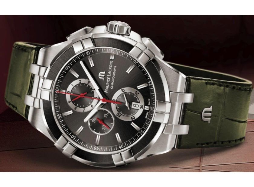 Maurice Lacroix Aikon Chronograph Black Dial Green Leather Strap Watch for Men - AI1018-PVB21-330-1