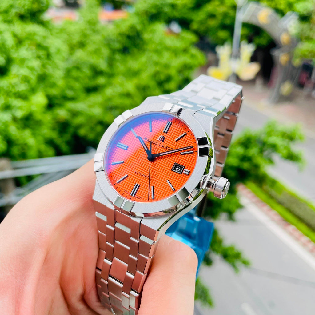 Maurice Lacroix Aikon Automatic Date Orange Dial Silver Steel Strap Watch For Men - AI6008-SS00F-530-E