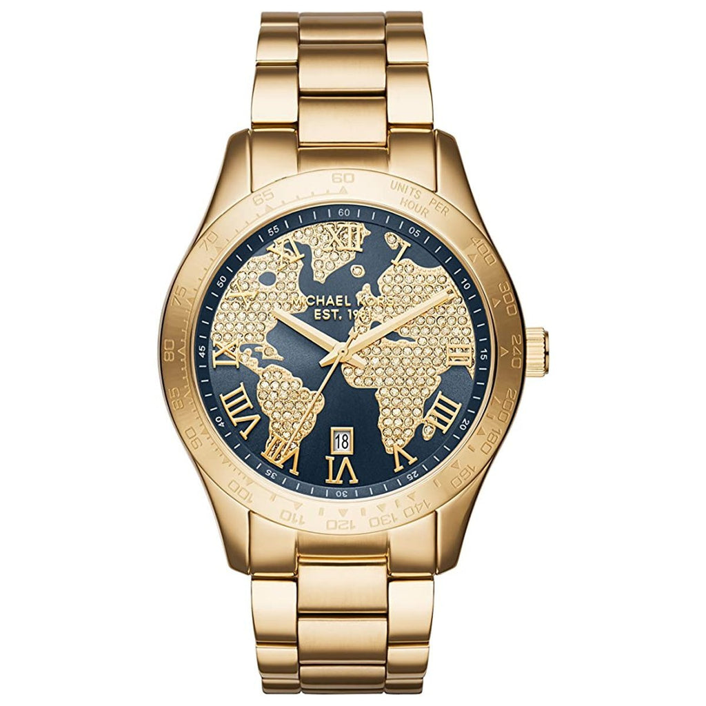 Michael Kors Layton Pave Blue Dial Gold Steel Strap Watch for Women - MK6243