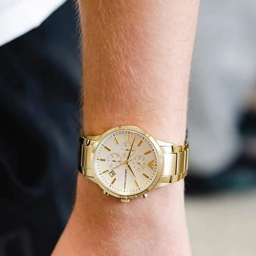 Emporio Armani Renato Chronograph White Dial Gold Steel Strap Watch For Men - AR11332