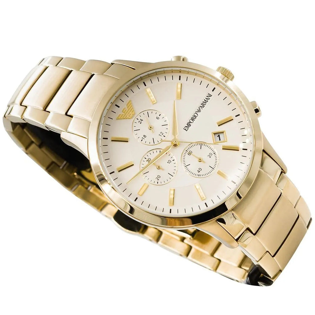 Emporio Armani Renato Chronograph White Dial Gold Steel Strap Watch For Men - AR11332