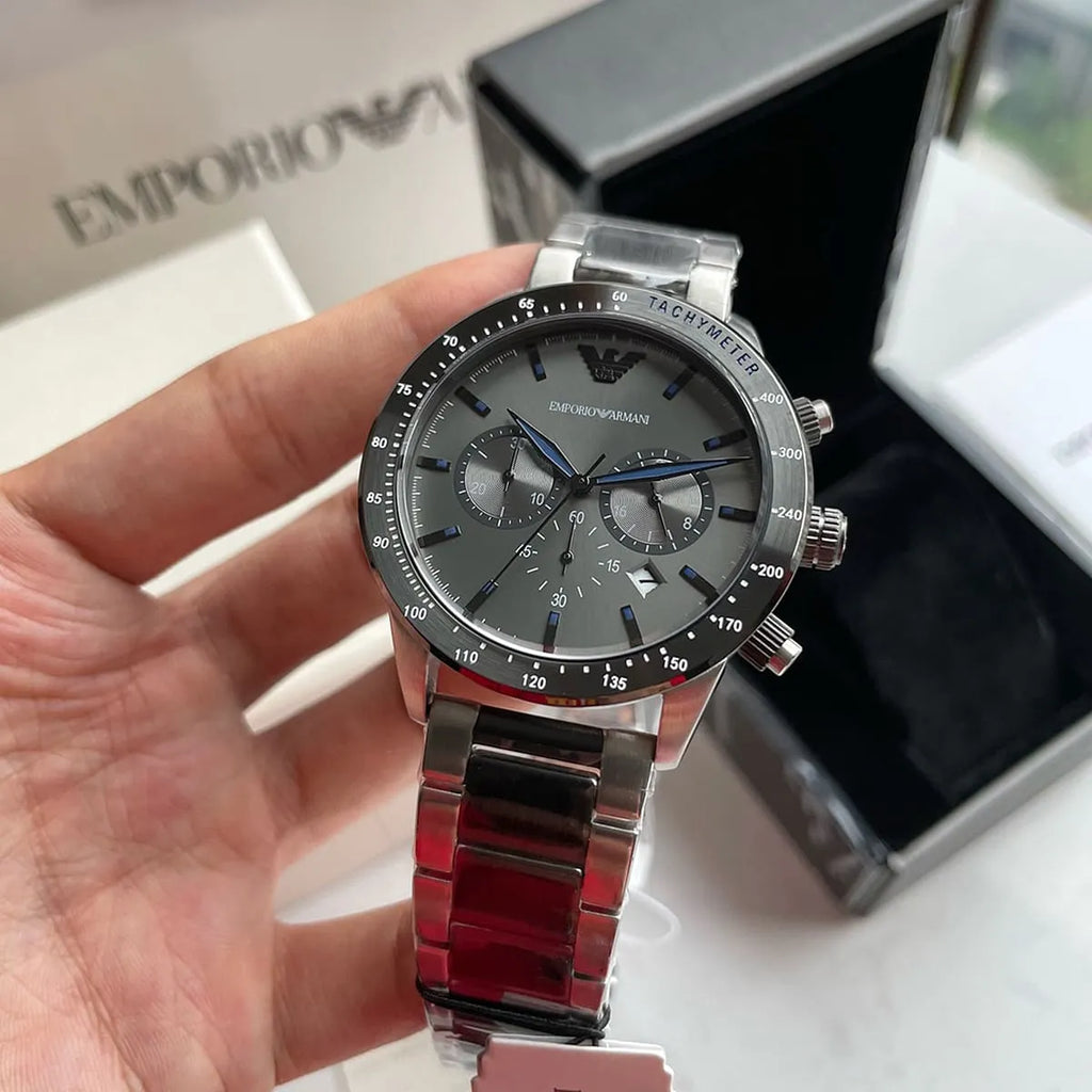 Emporio Armani Chronograph Grey Dial Two Tone Steel Strap Watch For Men - AR11391