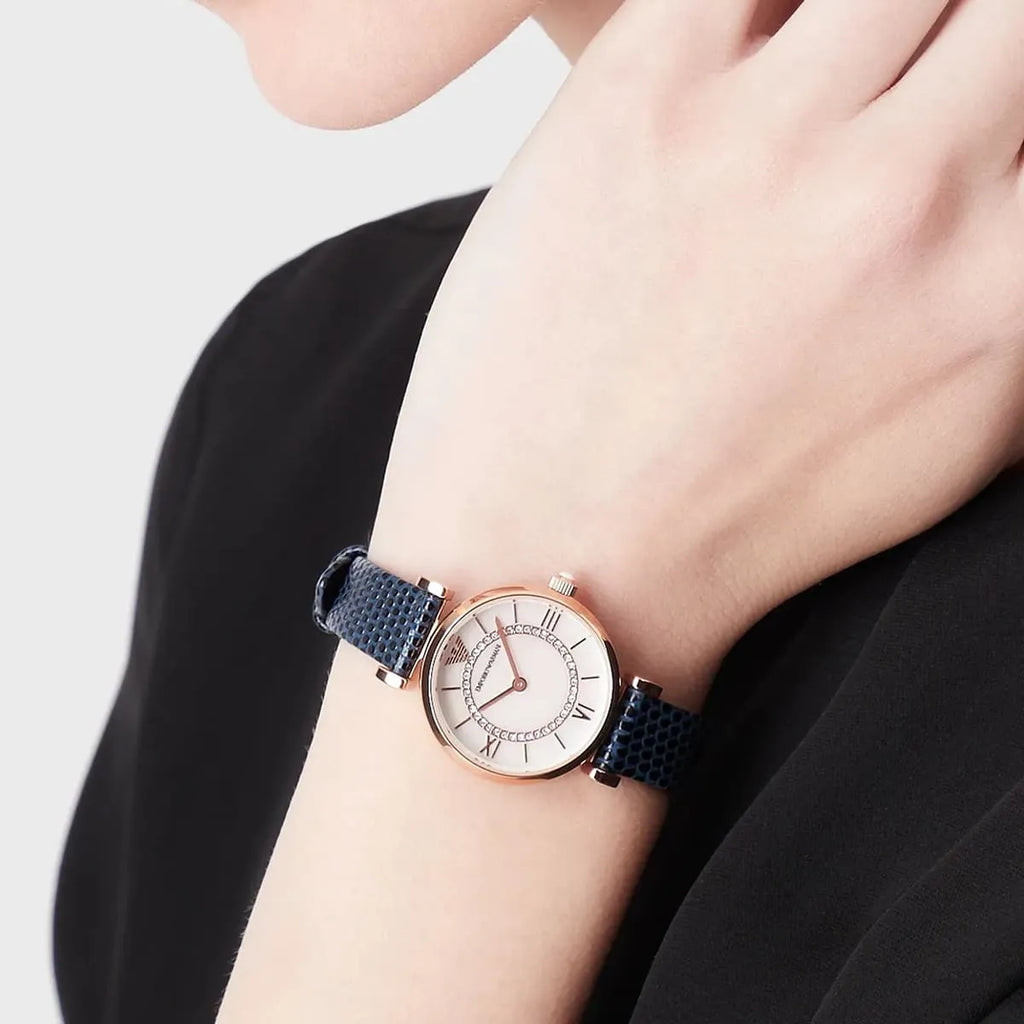 Emporio Armani Gianni T-Bar Analog Mother of Pearl Dial Blue Leather Strap Watch For Women - AR11468