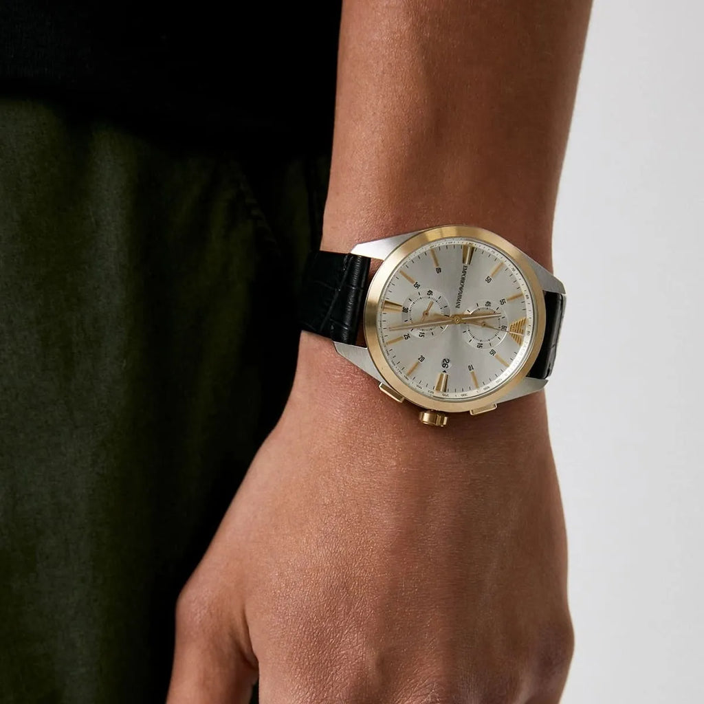 Emporio Armani Claudio Chronograph Silver Dial Black Leather Strap Watch For Men - AR11498