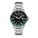 Emporio Armani Sea Explorer GMT Quartz Black Dial Silver Steel Strap Watch For Men - AR11589