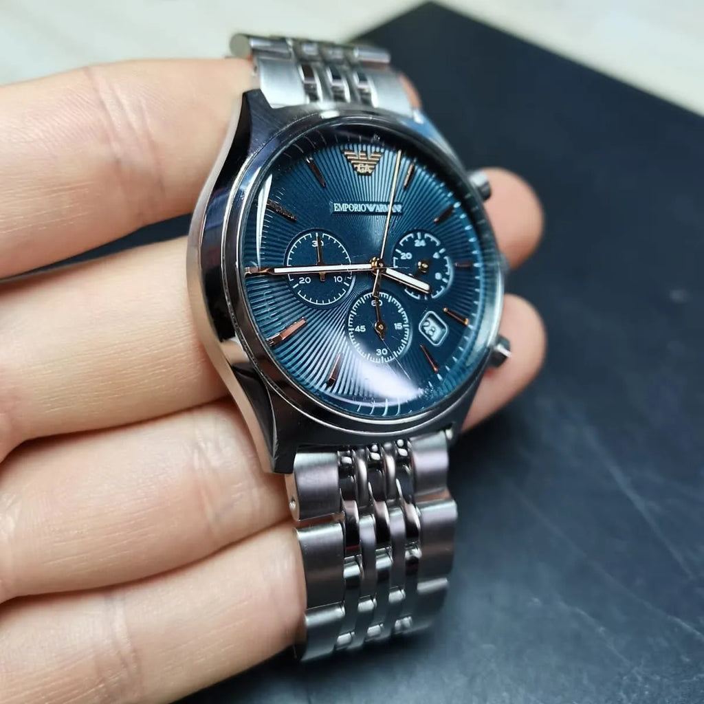 Emporio Armani Luigi Chronograph Quartz Blue Dial Silver Steel Strap Watch For Men - AR1974