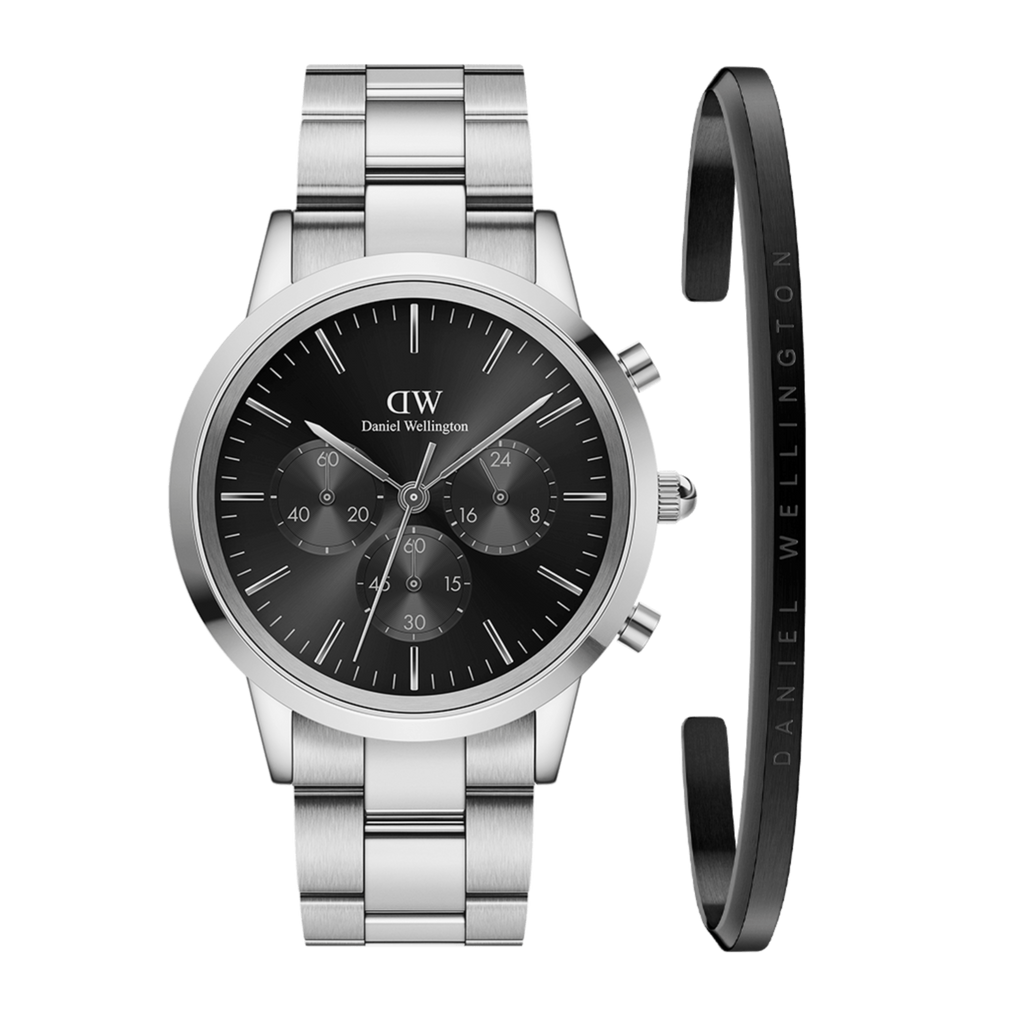 Daniel Wellington Iconic Chronograph Link Black Dial Silver Steel Strap Watch For Men  - DW00100645