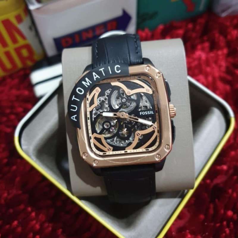 Fossil Inscription Automatic Skeleton Rose Gold Dial Black Leather Strap Watch for Men - BQ2572