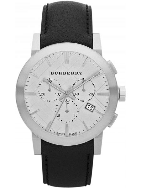 Burberry The City Chronograph White Dial Black Leather Strap Watch for