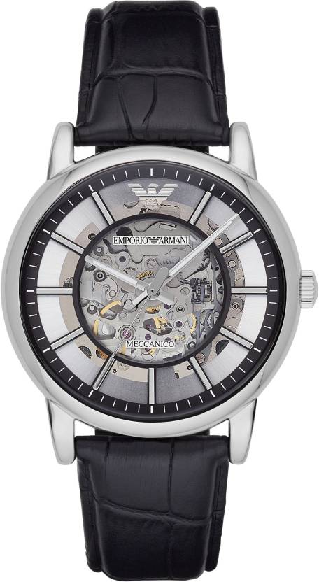 エンポリオアルマーニ　腕時計　AR-1981 Emporio Armani Luigi Silver Skeleton Dial Black Leather Strap Watch Fo