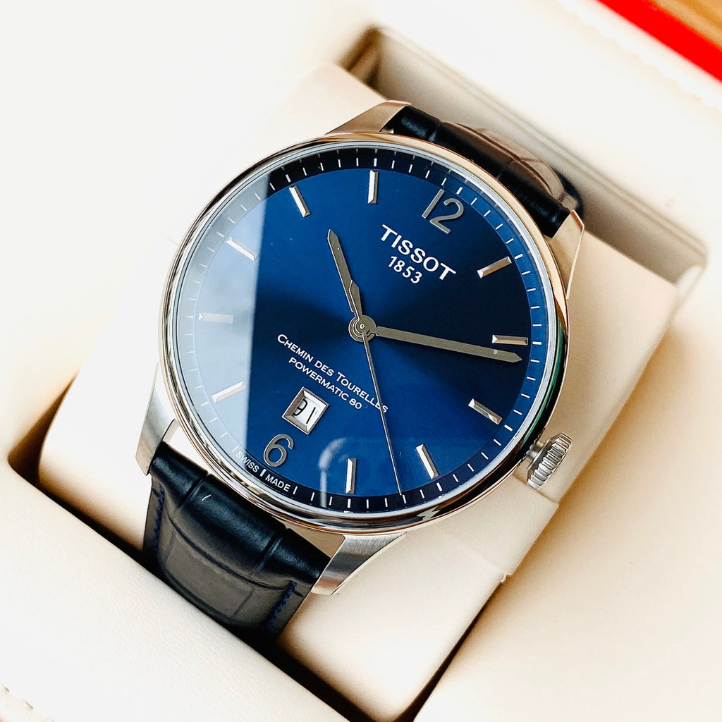 Tissot Chemin Des Tourelles Powermatic 80 Blue Dial Blue Leather Strap Watch for Men - T099.407.16.047.00