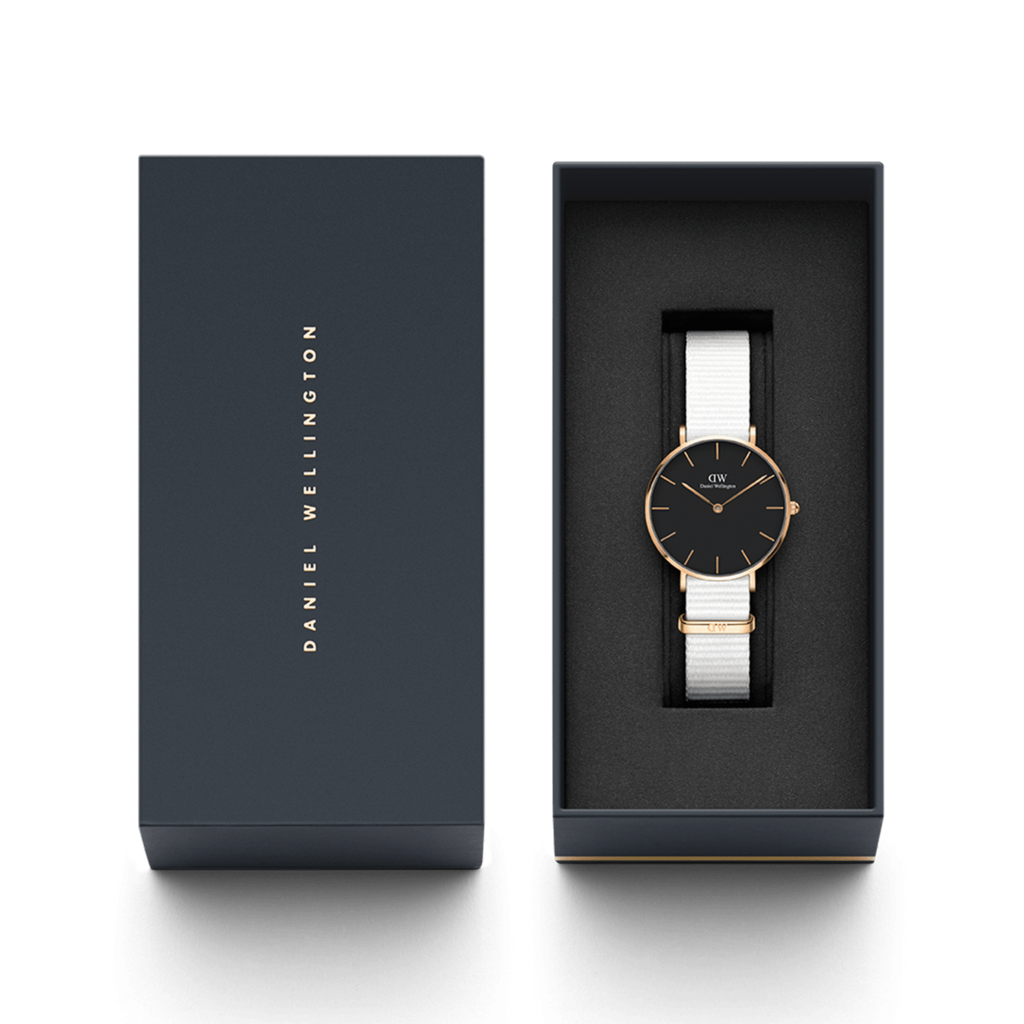 Daniel Wellington Classic Petite Dover Black Dial White NATO Strap Watch For Women - DW001000314