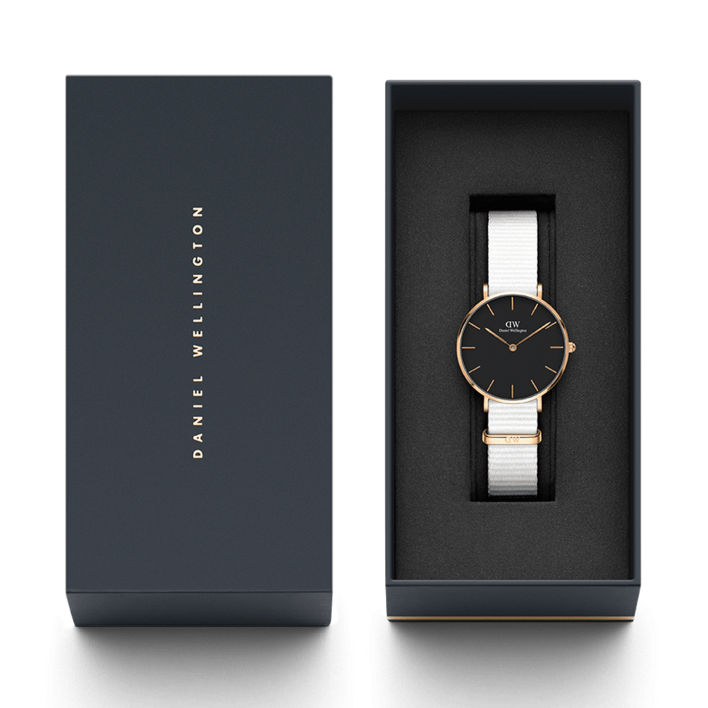 Daniel Wellington Classic Petite Dover Black Dial White NATO Strap Watch For Women - DW00100312
