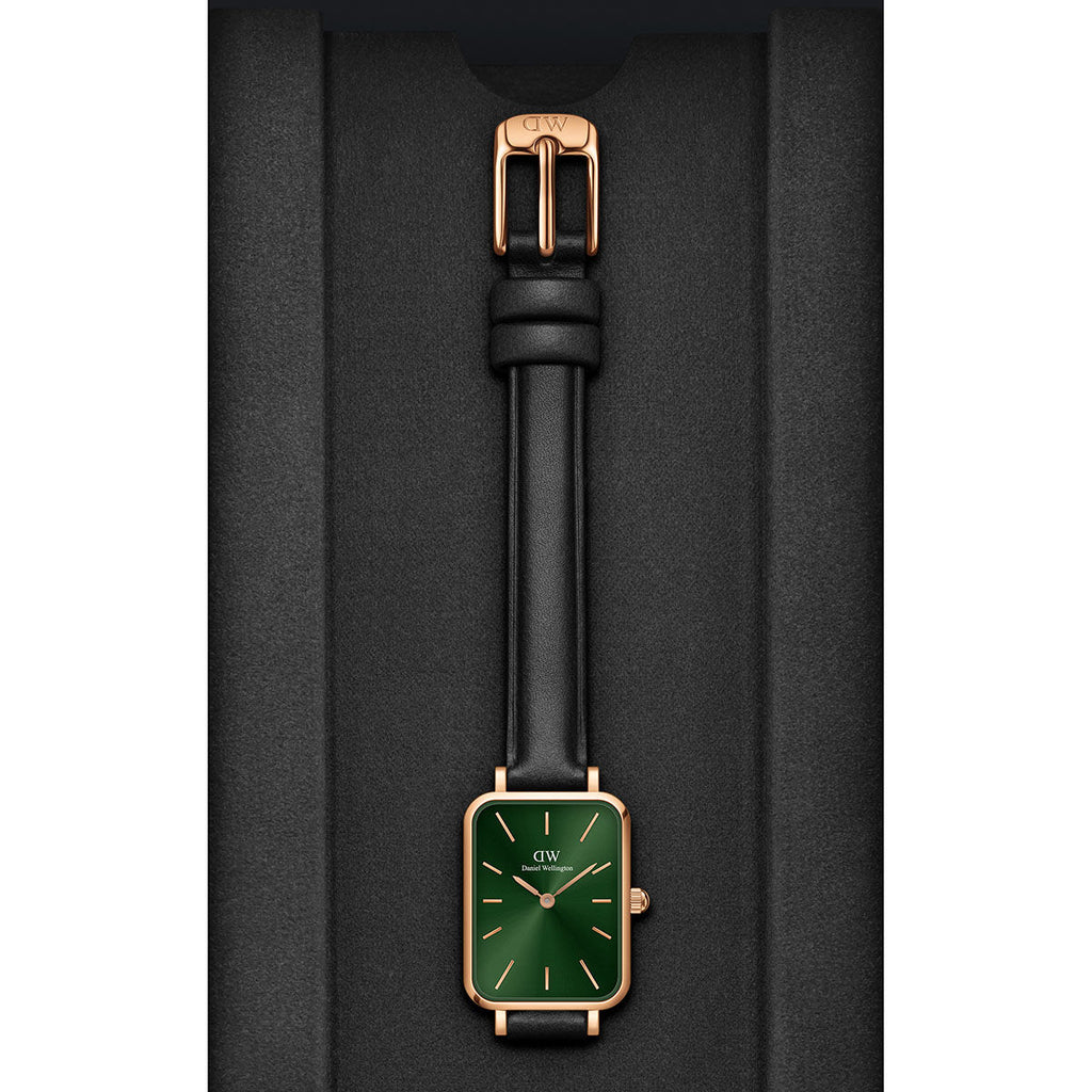 Daniel Wellington Quadro Pressed Melrose Emerald Green Dial Black Leather Strap Watch For Women - DW00100446