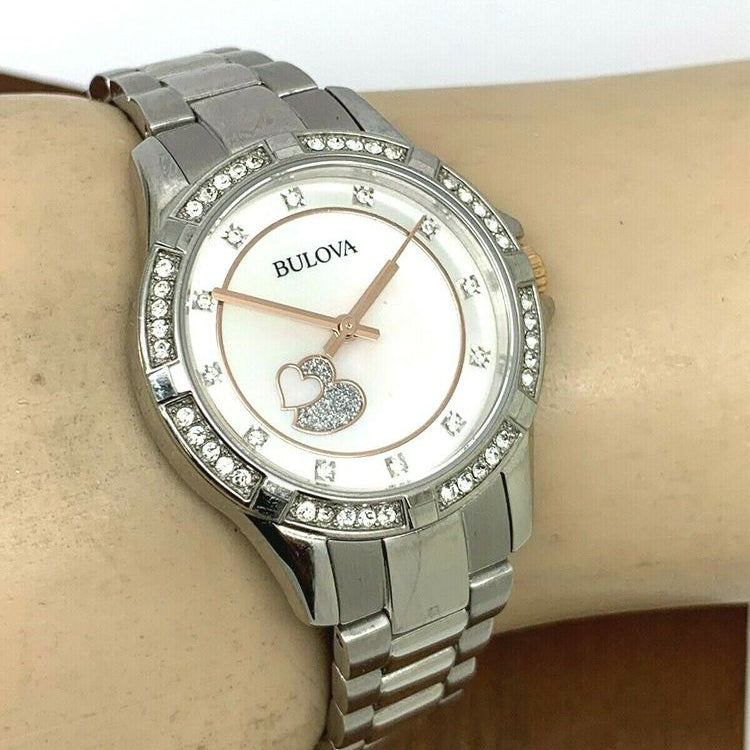 Bulova Crystal Collection Mother of Pearl Dial Silver Steel Strap Watch for Women - 98L232