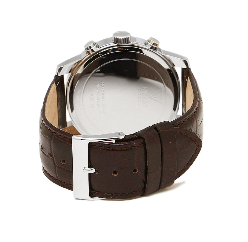 Guess Horizon Chronograph Analog Blue Dial Brown Leather Strap Watch For Men - W0380G6